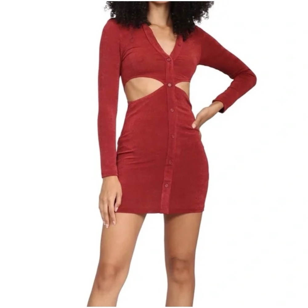 Cotton Candy LA Rich Red Long Sleeve Cut-Out Dress - Picture 1 of 8